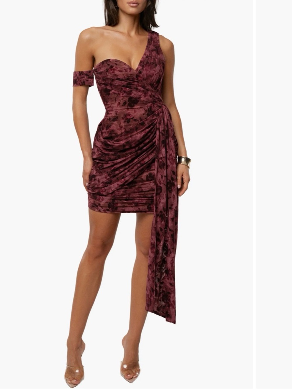 JLUXLABEL Burgundy Floral One-Shoulder Velvet Mini Dress